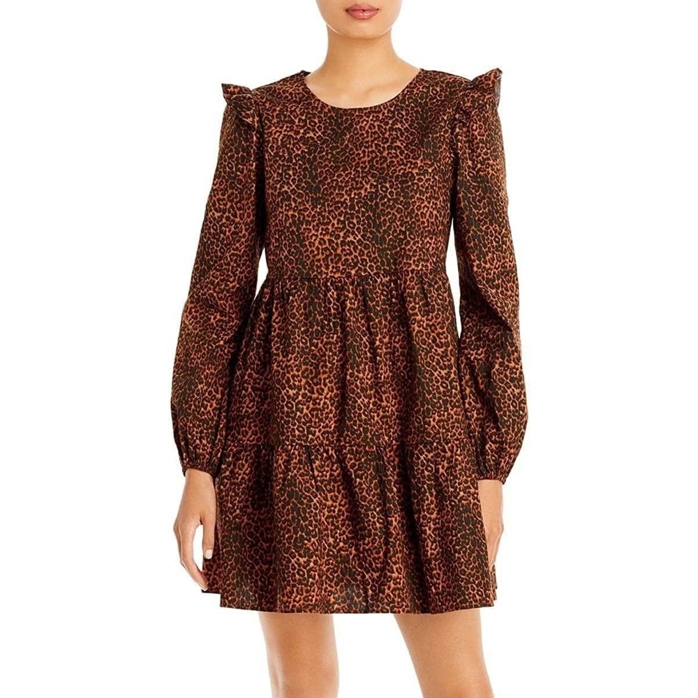 WAYF Velma Women's XS‎ Leopard Print Tiered Ruffle Long Sleeve Mini Dress NWT